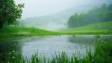 Canvas Print -   A lush green field surrounds a body of water on one side while a lush green hillside with trees is located on the other The entire scene is shrouded in fog