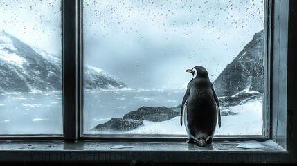 Poster -   Black-and-white image of a penguin peering outside window, surrounded by snow-covered peaks and water below