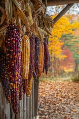 Wall Mural -   Corn on the cob dangling from building's side, amidst fallen leaves and towering trees