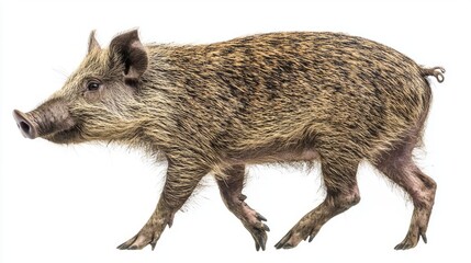 Wall Mural - bush pig strides confidently, its coarse fur glistening under light, while its small tusks add character. The animal stands out distinctly against the clean white space surrounding it.