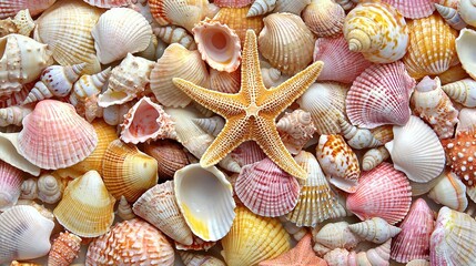 Wall Mural -  A starfish perched atop a mound of shells amidst a pile of shells