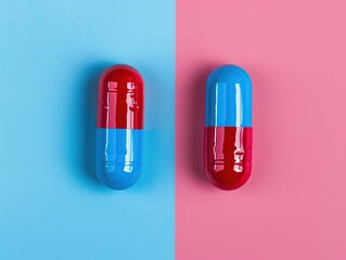 Two red and blue capsules on blue and pink background. Top view