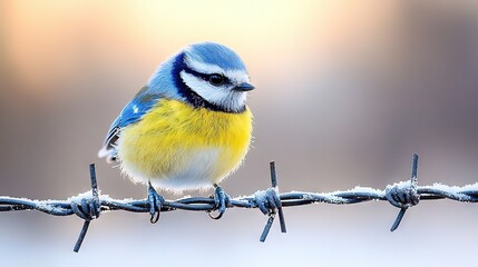 Canvas Print -   A bird perched on a fence with snowy barbs above it