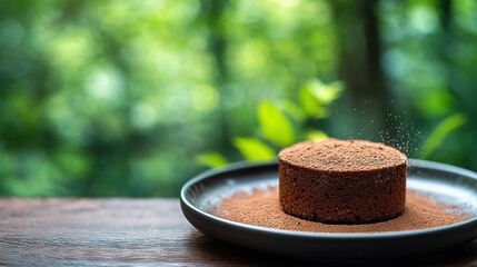 Poster -   A chocolate cake on a plate with a dusting of powder