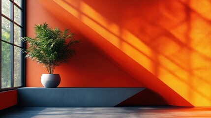 Sticker - Bright orange wall with a plant in a modern interior space.