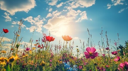 Poster -   A sky filled with clouds shines brightly as it passes over a bed of vibrant, colorful blossoms