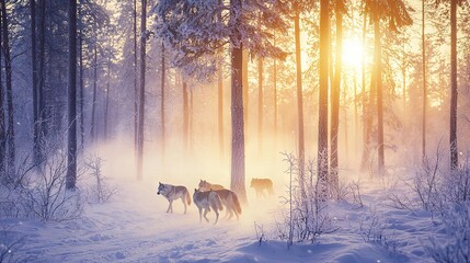 Sticker -   Wolves traverse snow-covered forest under sunlit tree canopies