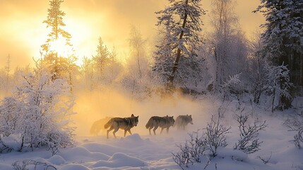 Wall Mural -   A pack of wolves traversing the snowy landscape, with trees and sun setting behind them