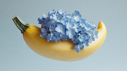 Canvas Print -   A yellow vase filled with blue flowers sits on a blue tablecloth, while another yellow vase with blue flowers rests beside it