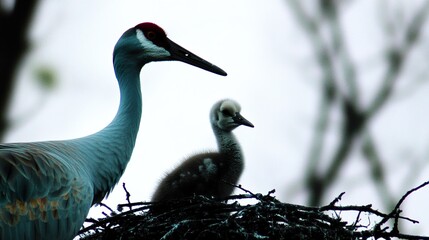 Sticker - Crane and Chick in Nest: A Moment of Tenderness