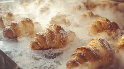 Canvas Print -   A table is covered with powdered sugar and a group of croissants are on top of it