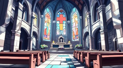 Wall Mural - Stunning Interior View of a Church with Stained Glass Windows