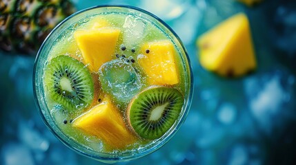 Poster -   Close-up of fruit drink with kiwis and pineapples next to glass