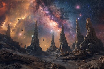 Wall Mural - a colorful, fantastical landscape with a large castle in the middle, generative ai image