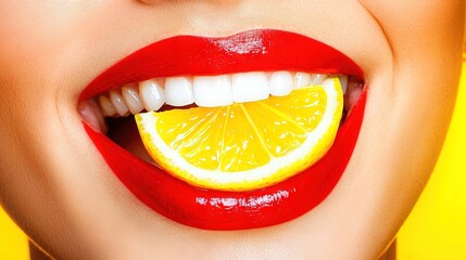 Poster -   A close-up of a woman's mouth with a lemon slice