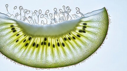 Poster -   Close-up of a kiwi cut in half on white surface, surrounded by blue sky