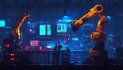 Aufkleber - Futuristic electronics factory with robotic arms building complex devices