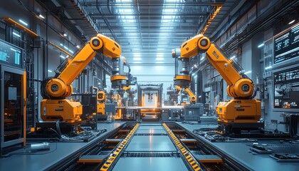 Aufkleber - Futuristic electronics factory with robotic arms building complex devices