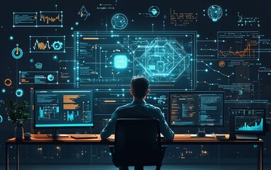 Fototapete - Machine learning engineer and system admin programming at workstation, man planning and executing network expansion strategies in a sophisticated office environment
