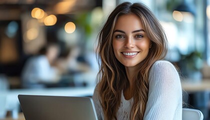 Fototapete - Portrait of a beautiful happy female using a laptop computer