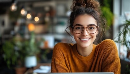 Fototapete - Portrait of a beautiful happy female using a laptop computer