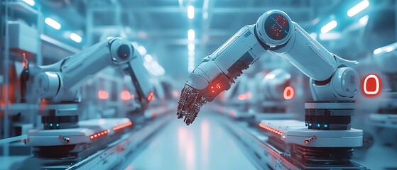 Poster - Robotic arms in an electronics factory assembling devices