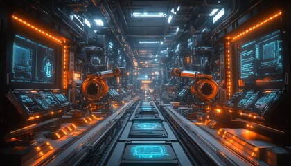 Aufkleber - Stateoftheart electronics factory with robot arms in synchronized assembly