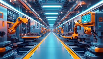 Aufkleber - Stateoftheart electronics factory with robot arms in synchronized assembly
