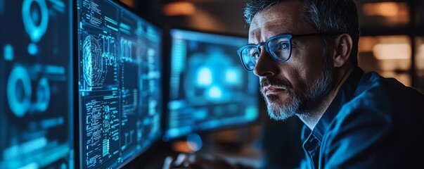 Fototapete - System administration and machine learning engineer programming at his workstation, planning and expanding network structure of the enterprise in a modern office setting