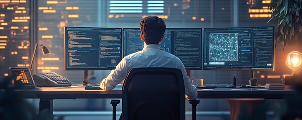 Leinwandbilder - System administration and machine learning engineer programming at his workstation, planning and expanding network structure of the enterprise in a modern office setting