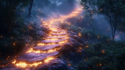 Poster - A mystical pathway illuminated by glowing embers through a forest.