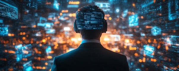 Aufkleber - 3D Cyberspace Interface for Businessman Navigating Websites, Video Streaming, Social Media, eCommerce in Virtual Reality