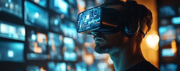 Aufkleber - 3D Cyberspace Interface for Businessman Navigating Websites, Video Streaming, Social Media, eCommerce in Virtual Reality