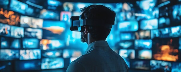 Aufkleber - 3D VR Interface Businessman Exploring Digital Content, Streaming Media, Social Networking, eCommerce in Cyberspace