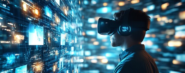 Aufkleber - 3D VR Interface Businessman Exploring Digital Content, Streaming Media, Social Networking, eCommerce in Cyberspace