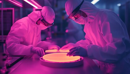 Aufkleber - Advanced Semiconductor Production Two SterileSuited Technicians Removing Silicon Wafer, HighTech Electronics Factory