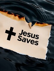 Paper note with Christian cross symbol and text Jesus saves floating on water. Faith in Christ resurrection and gospel of salvation, messiah crucifixion for hope of redemption and forgiveness, heaven 