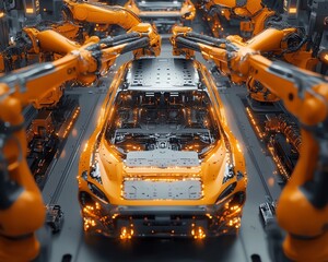 Aufkleber - Aerial Flyover of AIDriven Factory Robotic Arms Autonomously Assembling Car Frames, Precision Manufacturing of Electric Vehicles
