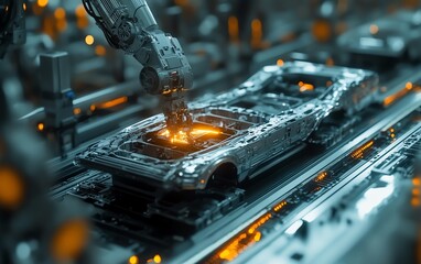 Poster - Aerial View of Autonomous Factory Robotic Arms Assembling Electric Vehicle Frames, AI Precision Manufacturing, Cinematic Camera Angle