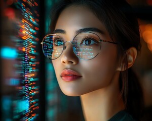 Aufkleber - Asian Female Digital Entrepreneur Working on Computer Code Reflected on Face, Developing eCommerce App Using AI and Big Data