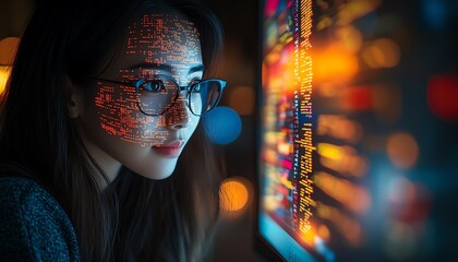 Aufkleber - Asian Female Entrepreneur in Startup Scene Working on Computer, Code Projected on Face, Developing eCommerce Application with AI and Big Data