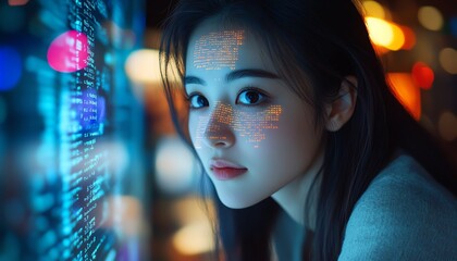 Aufkleber - Asian Female Entrepreneur in Startup Scene Working on Computer, Code Projected on Face, Developing eCommerce Application with AI and Big Data