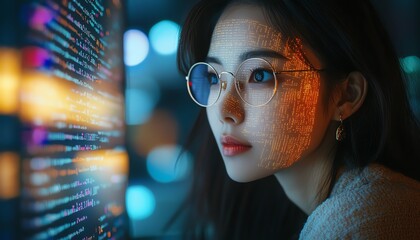 Aufkleber - Asian Female Entrepreneur in Startup Scene Working on Computer, Code Projected on Face, Developing eCommerce Application with AI and Big Data