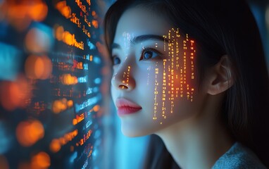 Aufkleber - Asian Female Startup Founder Working on Computer Code Projected on Face, Developing Advanced eCommerce App with AI and Big Data