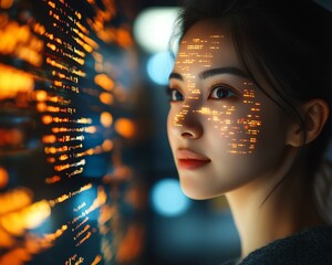Aufkleber - Asian Female Software Developer at Work Computer Screen with Code Projected on Face, Innovating eCommerce App Using AI and Big Data