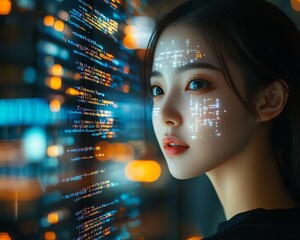 Aufkleber - Asian Female Software Developer at Work Computer Screen with Code Projected on Face, Innovating eCommerce App Using AI and Big Data
