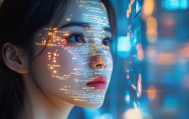 Aufkleber - Asian Female Startup Founder Working on Computer Code Projected on Face, Developing Advanced eCommerce App with AI and Big Data
