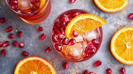 Poster -   Oranges and pomegranates are garnished with ice and decorated with pomegranates