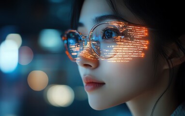 Aufkleber - Asian Female Startup Founder Working on Computer Code Projected on Face, Developing Advanced eCommerce App with AI and Big Data