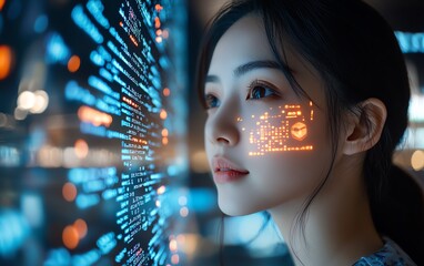 Aufkleber - Asian Female Startup Founder Working on Computer Code Projected on Face, Developing Advanced eCommerce App with AI and Big Data